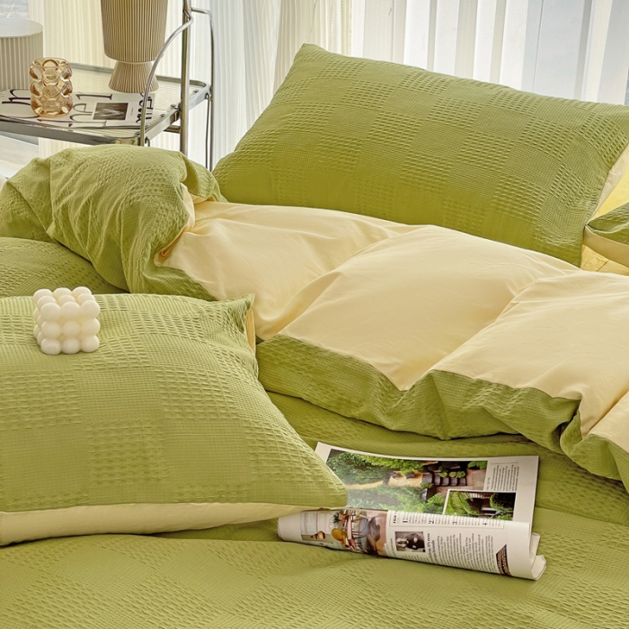 91家纺网 家纺一手货源 找家纺 娜娜 2023新款全棉水洗棉华夫格四件套 华夫格-抹茶绿