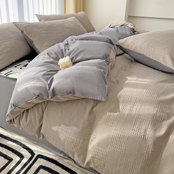 91家纺网 家纺一手货源 找家纺 娜娜 2023新款全棉水洗棉华夫格四件套 华夫格-月光灰