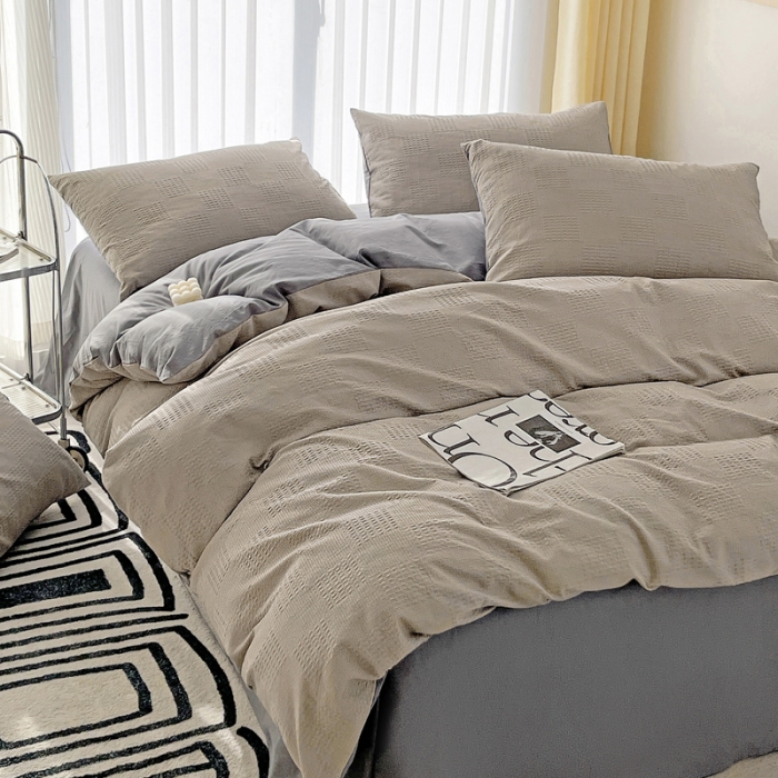 91家纺网 家纺一手货源 找家纺 娜娜 2023新款全棉水洗棉华夫格四件套 华夫格-月光灰