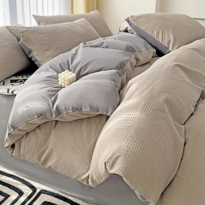 91家纺网 家纺一手货源 找家纺 娜娜 2023新款全棉水洗棉华夫格四件套 华夫格-月光灰