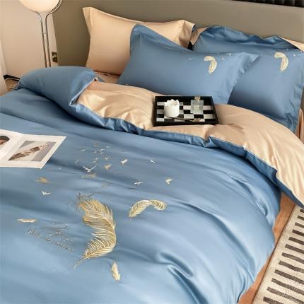 91家纺网 家纺一手货源 找家纺 （总）蓝米卡夫2024新全棉高级感长绒棉刺绣四件套兰羽系列