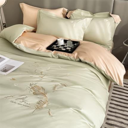91家纺网 家纺一手货源 找家纺 蓝米卡夫2024新全棉高级感长绒棉刺绣四件套兰羽系列 兰羽-果绿香槟