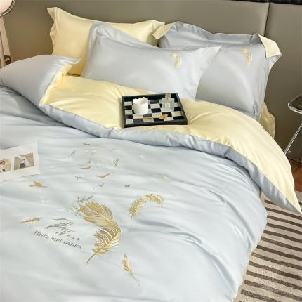 91家纺网 家纺一手货源 找家纺 蓝米卡夫2024新全棉高级感长绒棉刺绣四件套兰羽系列 兰羽-海澜奶黄