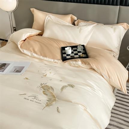 91家纺网 家纺一手货源 找家纺 蓝米卡夫2024新全棉高级感长绒棉刺绣四件套兰羽系列 兰羽-奶昔香槟