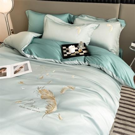 蓝米卡夫2024新全棉高级感长绒棉刺绣四件套兰羽系列 兰羽-梵星石蓝