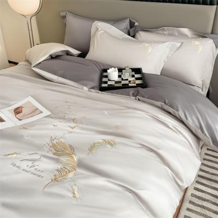 蓝米卡夫2024新全棉高级感长绒棉刺绣四件套兰羽系列 兰羽-山灰雅士