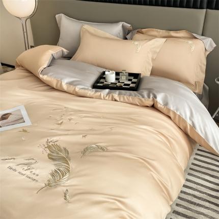 蓝米卡夫2024新全棉高级感长绒棉刺绣四件套兰羽系列 兰羽-香槟山灰