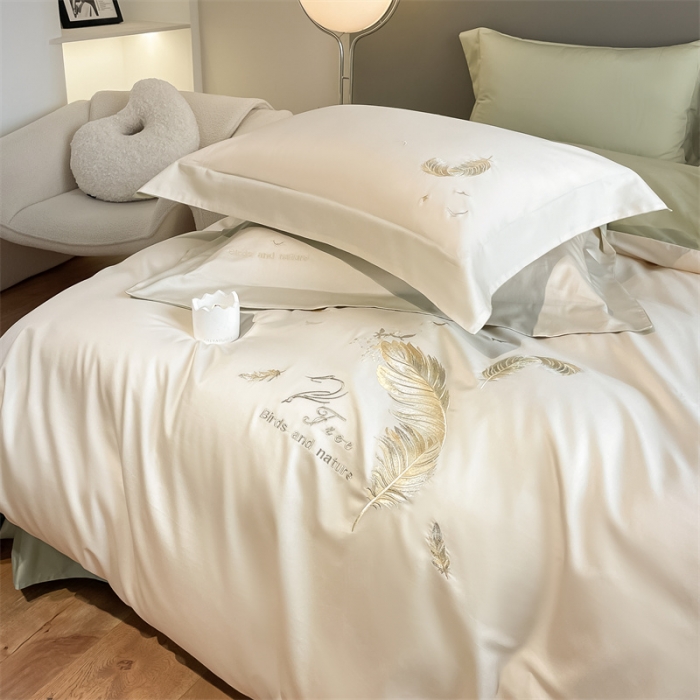 91家纺网 家纺一手货源 找家纺 蓝米卡夫2024新全棉高级感长绒棉刺绣四件套兰羽系列 兰羽-芝士抹茶