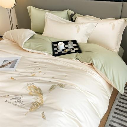 蓝米卡夫2024新全棉高级感长绒棉刺绣四件套兰羽系列 兰羽-芝士抹茶
