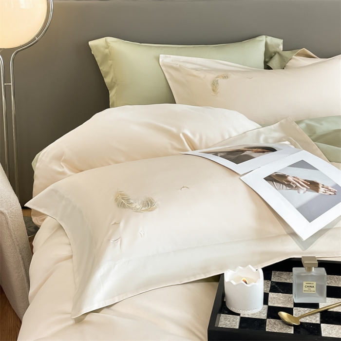 91家纺网 家纺一手货源 找家纺 蓝米卡夫2024新全棉高级感长绒棉刺绣四件套兰羽系列 兰羽-芝士抹茶