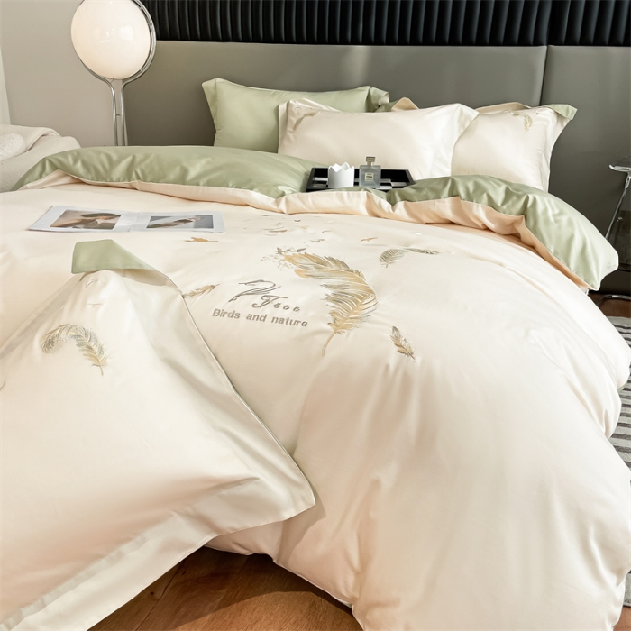 91家纺网 家纺一手货源 找家纺 蓝米卡夫2024新全棉高级感长绒棉刺绣四件套兰羽系列 兰羽-芝士抹茶