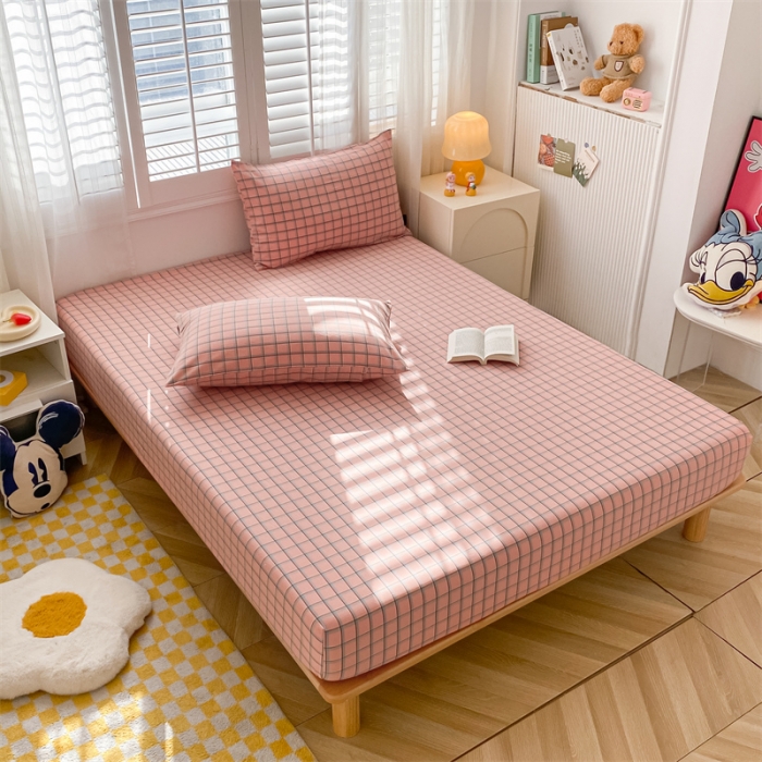 91家纺网 家纺一手货源 找家纺 蓝米卡夫 2024新全棉色织水洗棉A类单品床笠 粉中格