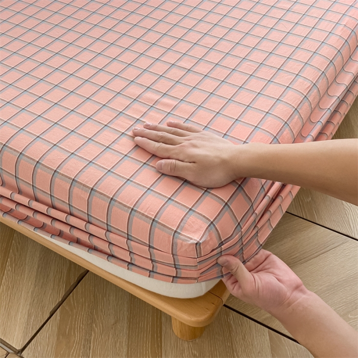 91家纺网 家纺一手货源 找家纺 蓝米卡夫 2024新全棉色织水洗棉A类单品床笠 粉中格