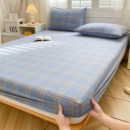 蓝米卡夫 2024新全棉色织水洗棉A类单品床笠 海蓝大格