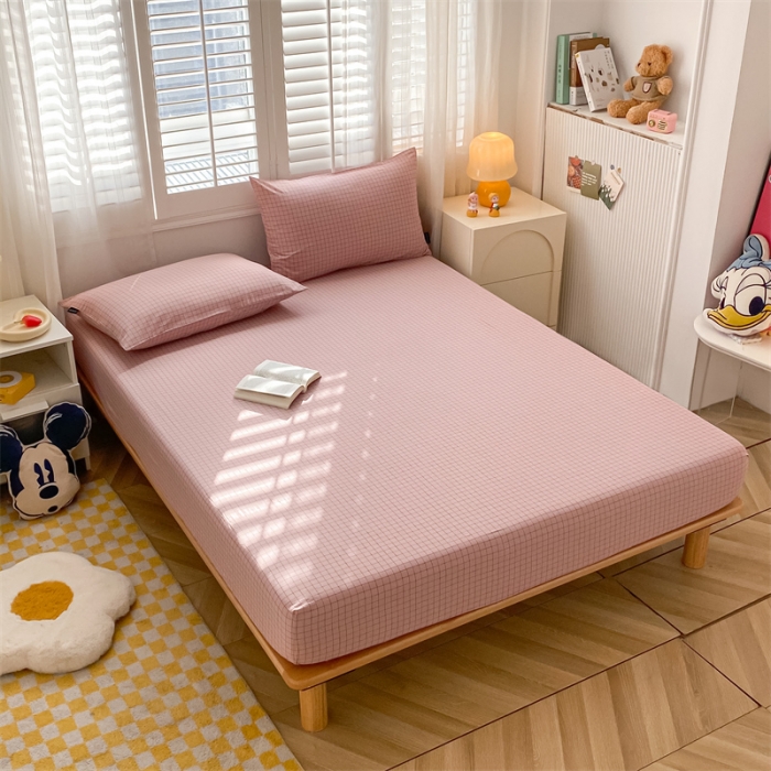 91家纺网 家纺一手货源 找家纺 蓝米卡夫 2024新全棉色织水洗棉A类单品床笠 蜜粉小格