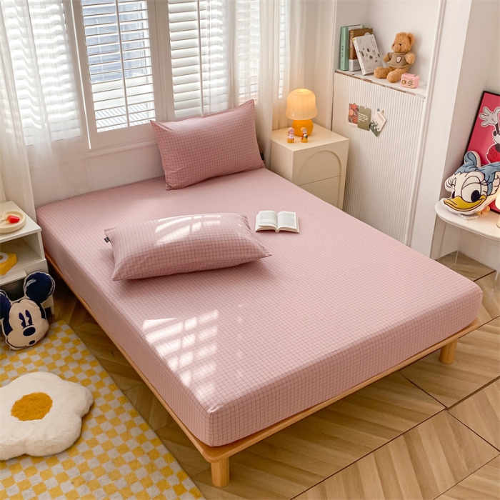 91家纺网 家纺一手货源 找家纺 蓝米卡夫 2024新全棉色织水洗棉A类单品床笠 蜜粉小格