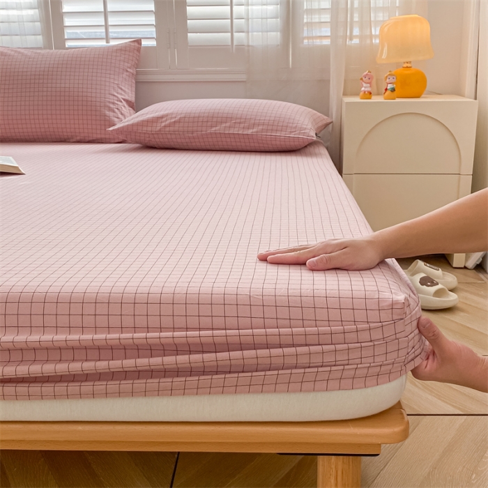 91家纺网 家纺一手货源 找家纺 蓝米卡夫 2024新全棉色织水洗棉A类单品床笠 蜜粉小格