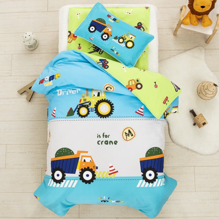 91家纺网 家纺一手货源 找家纺 乐秀 2023新款40S全棉13372幼儿园三件套六件套 超级工程车