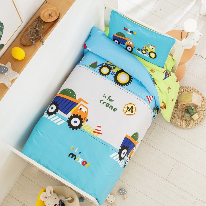 91家纺网 家纺一手货源 找家纺 乐秀 2023新款40S全棉13372幼儿园三件套六件套 超级工程车