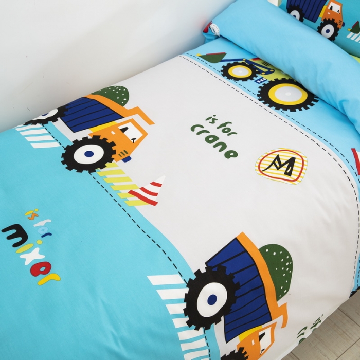 91家纺网 家纺一手货源 找家纺 乐秀 2023新款40S全棉13372幼儿园三件套六件套 超级工程车