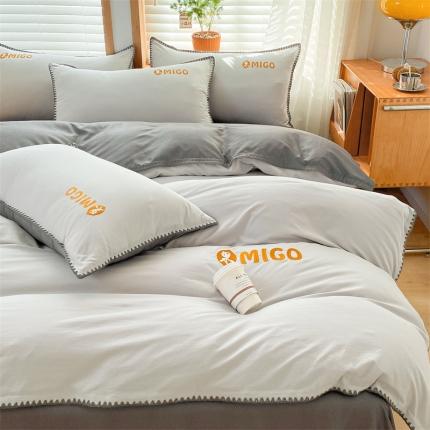 蓝米卡夫 2024新-A类云朵棉蜜果刺绣系列四件套 蜜果-山灰+中灰