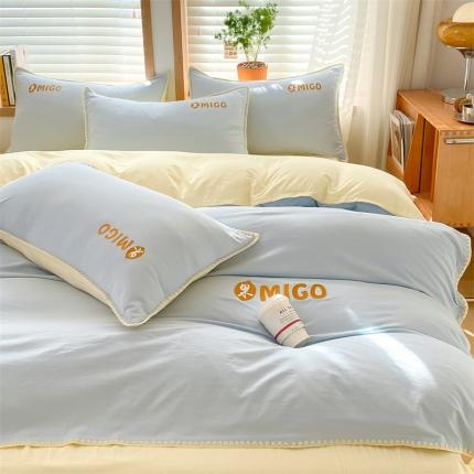 蓝米卡夫 2024-A类云朵棉蜜果刺绣系列四件套 蜜果-天空蓝+奶油黄