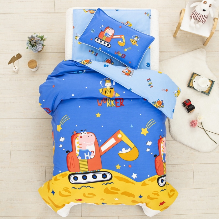 91家纺网 家纺一手货源 找家纺 乐秀 2023新款40S全棉13372幼儿园三件套六件套 恐龙挖掘机