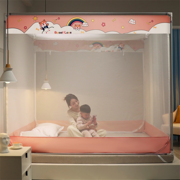 91家纺网 家纺一手货源 找家纺 佳梦家纺 2023新款方顶印花坐床蚊帐 彩虹小雅