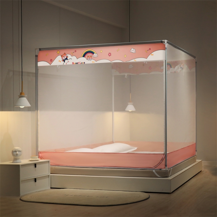 91家纺网 家纺一手货源 找家纺 佳梦家纺 2023新款方顶印花坐床蚊帐 彩虹小雅