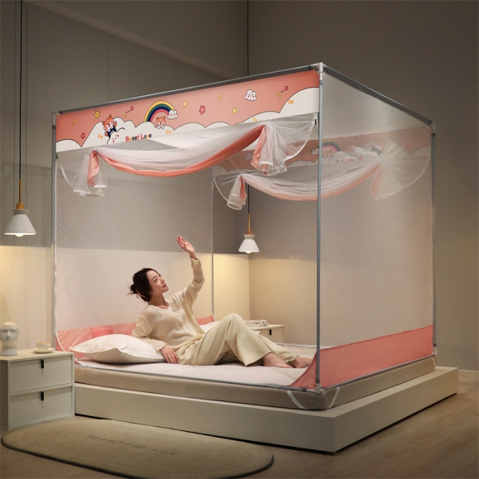 91家纺网 家纺一手货源 找家纺 佳梦家纺 2023新款方顶印花坐床蚊帐 彩虹小雅