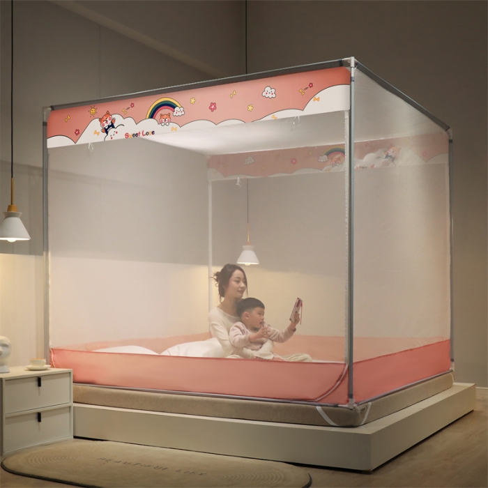 91家纺网 家纺一手货源 找家纺 佳梦家纺 2023新款方顶印花坐床蚊帐 彩虹小雅