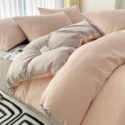 91家纺网 家纺一手货源 找家纺 娜娜 2023新款全棉水洗棉华夫格四件套 华夫格-淡粉