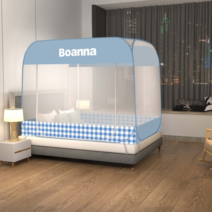 91家纺网 家纺一手货源 找家纺 佳梦家纺 2023新款印花时尚款免安装蒙古包蚊帐 格子蓝布三角