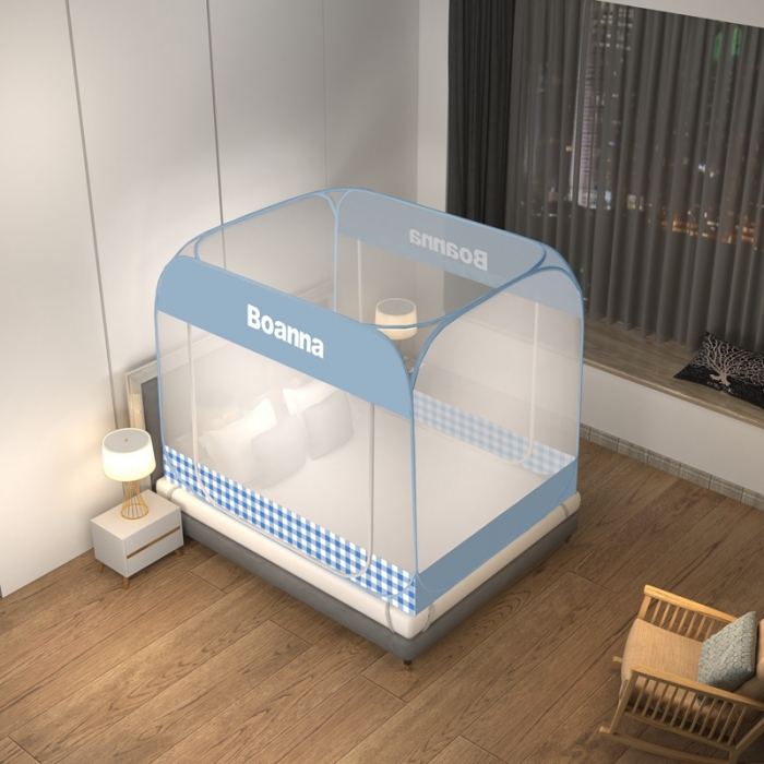 91家纺网 家纺一手货源 找家纺 佳梦家纺 2023新款印花时尚款免安装蒙古包蚊帐 格子蓝布三角