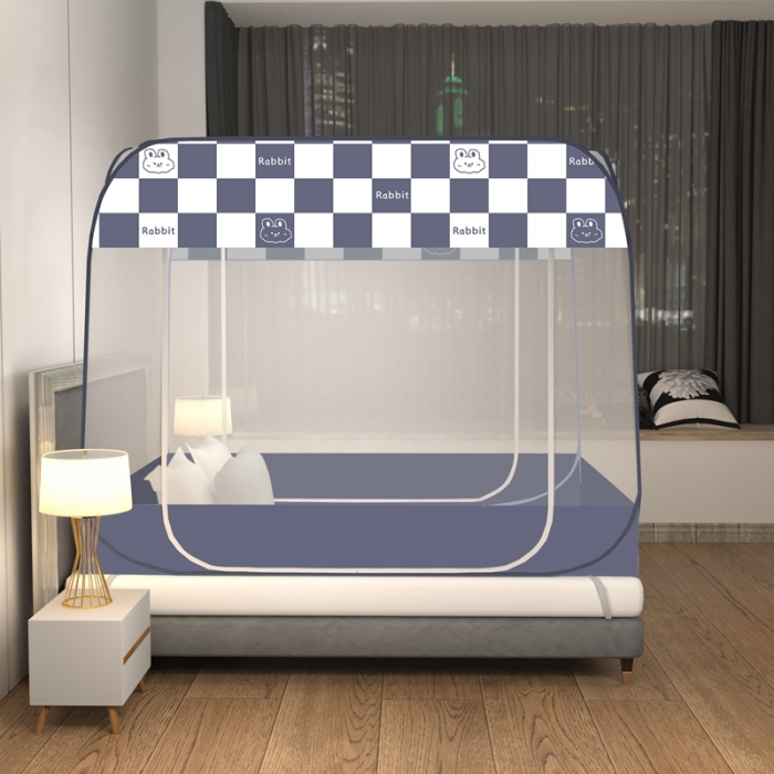 91家纺网 家纺一手货源 找家纺 佳梦家纺 2023新款印花时尚款免安装蒙古包蚊帐 格子兔布三角