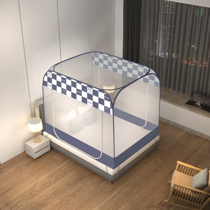 91家纺网 家纺一手货源 找家纺 佳梦家纺 2023新款印花时尚款免安装蒙古包蚊帐 格子兔布三角