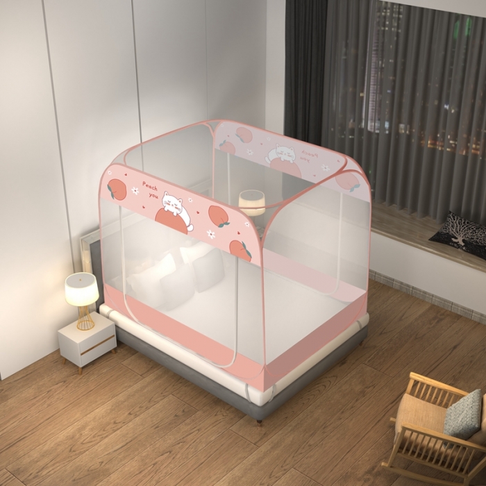 91家纺网 家纺一手货源 找家纺 佳梦家纺 2023新款印花时尚款免安装蒙古包蚊帐 蜜桃猫布三角