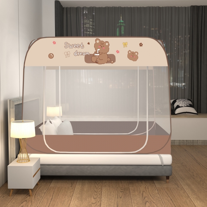 91家纺网 家纺一手货源 找家纺 佳梦家纺 2023新款印花时尚款免安装蒙古包蚊帐 奶茶熊布三角