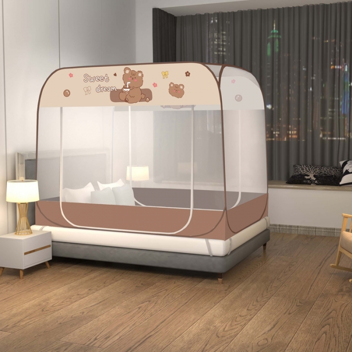 91家纺网 家纺一手货源 找家纺 佳梦家纺 2023新款印花时尚款免安装蒙古包蚊帐 奶茶熊布三角