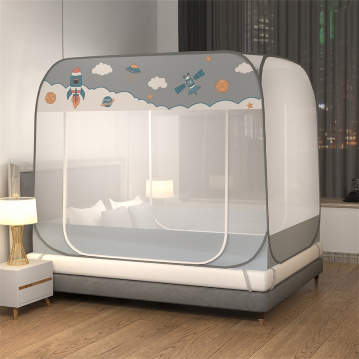 91家纺网 家纺一手货源 找家纺 佳梦家纺 2023新款印花时尚款免安装蒙古包蚊帐 太空灰布三角