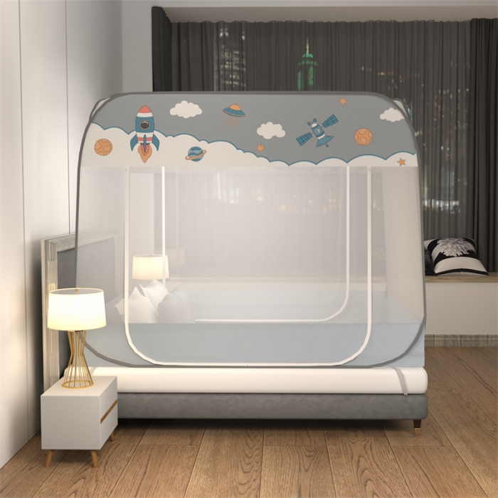 91家纺网 家纺一手货源 找家纺 佳梦家纺 2023新款印花时尚款免安装蒙古包蚊帐 太空灰布三角