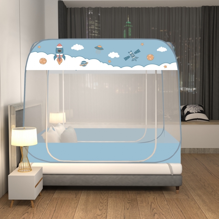 91家纺网 家纺一手货源 找家纺 佳梦家纺 2023新款印花时尚款免安装蒙古包蚊帐 太空蓝布三角