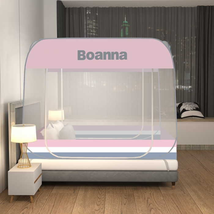 91家纺网 家纺一手货源 找家纺 佳梦家纺 2023新款印花时尚款免安装蒙古包蚊帐 条纹粉布三角