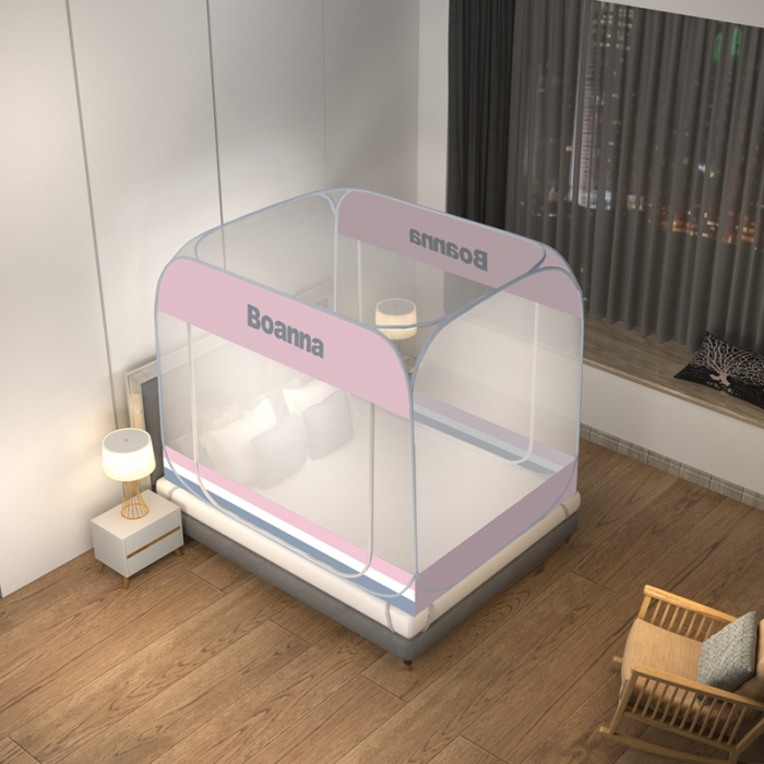 91家纺网 家纺一手货源 找家纺 佳梦家纺 2023新款印花时尚款免安装蒙古包蚊帐 条纹粉布三角