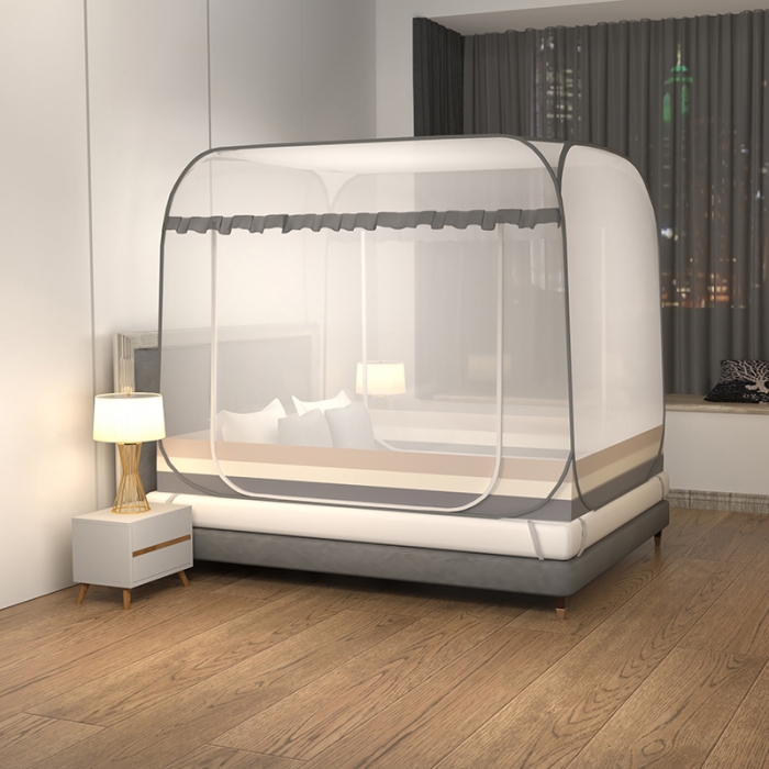 91家纺网 家纺一手货源 找家纺 佳梦家纺 2023新款印花时尚款免安装蒙古包蚊帐 条纹灰小花边