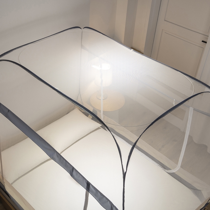 91家纺网 家纺一手货源 找家纺 佳梦家纺 2023新款印花时尚款免安装蒙古包蚊帐 条纹灰小花边