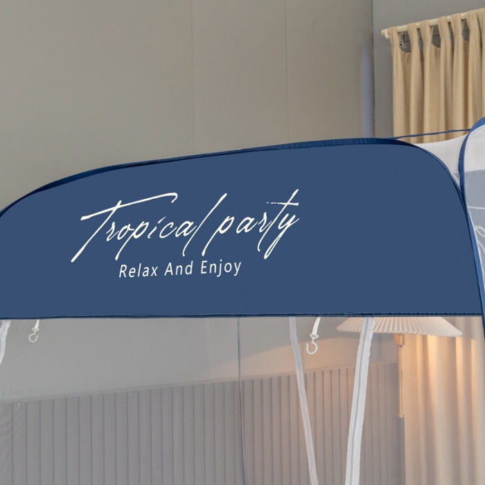 91家纺网 家纺一手货源 找家纺 佳梦家纺 2023新款印花时尚款免安装蒙古包蚊帐 条纹蓝布三角