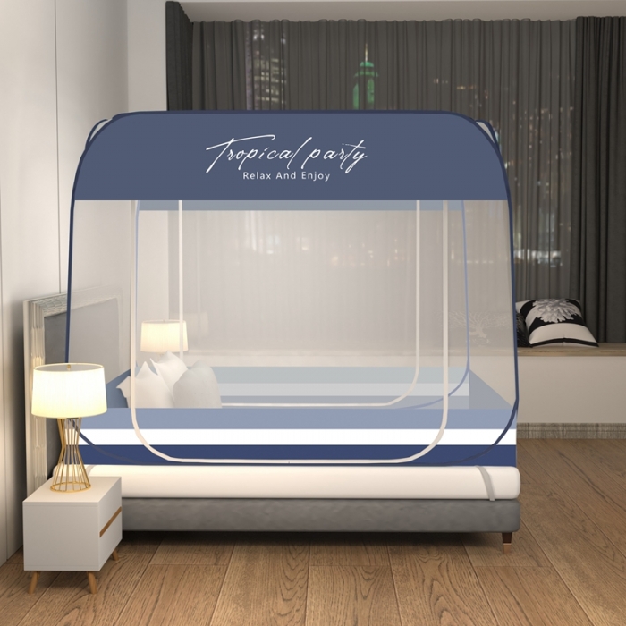 91家纺网 家纺一手货源 找家纺 佳梦家纺 2023新款印花时尚款免安装蒙古包蚊帐 条纹蓝布三角