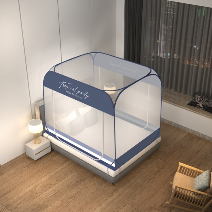 91家纺网 家纺一手货源 找家纺 佳梦家纺 2023新款印花时尚款免安装蒙古包蚊帐 条纹蓝布三角