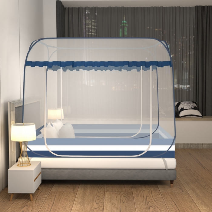 91家纺网 家纺一手货源 找家纺 佳梦家纺 2023新款印花时尚款免安装蒙古包蚊帐 条纹蓝小花边